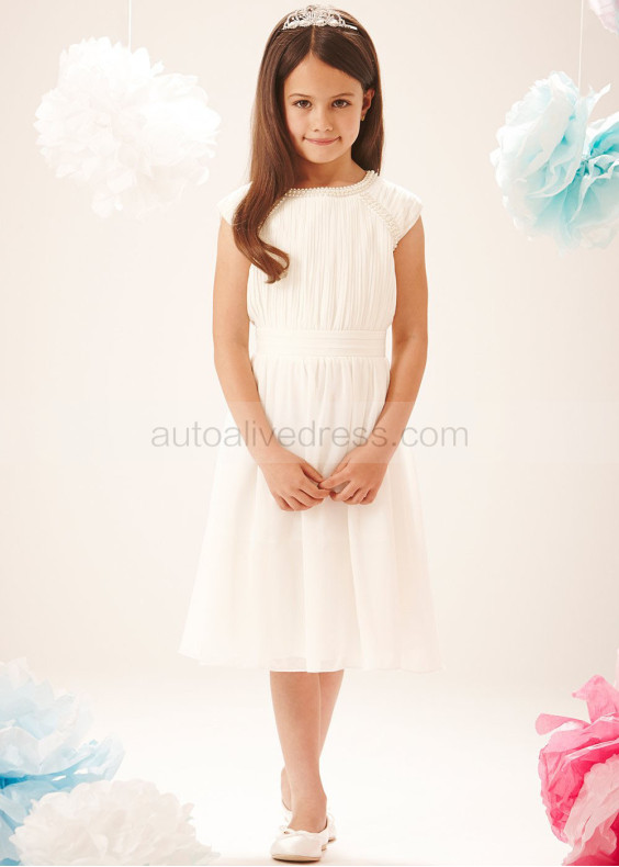 A-line Ivory Chiffon Beaded Knee Length Flower Girl Dress